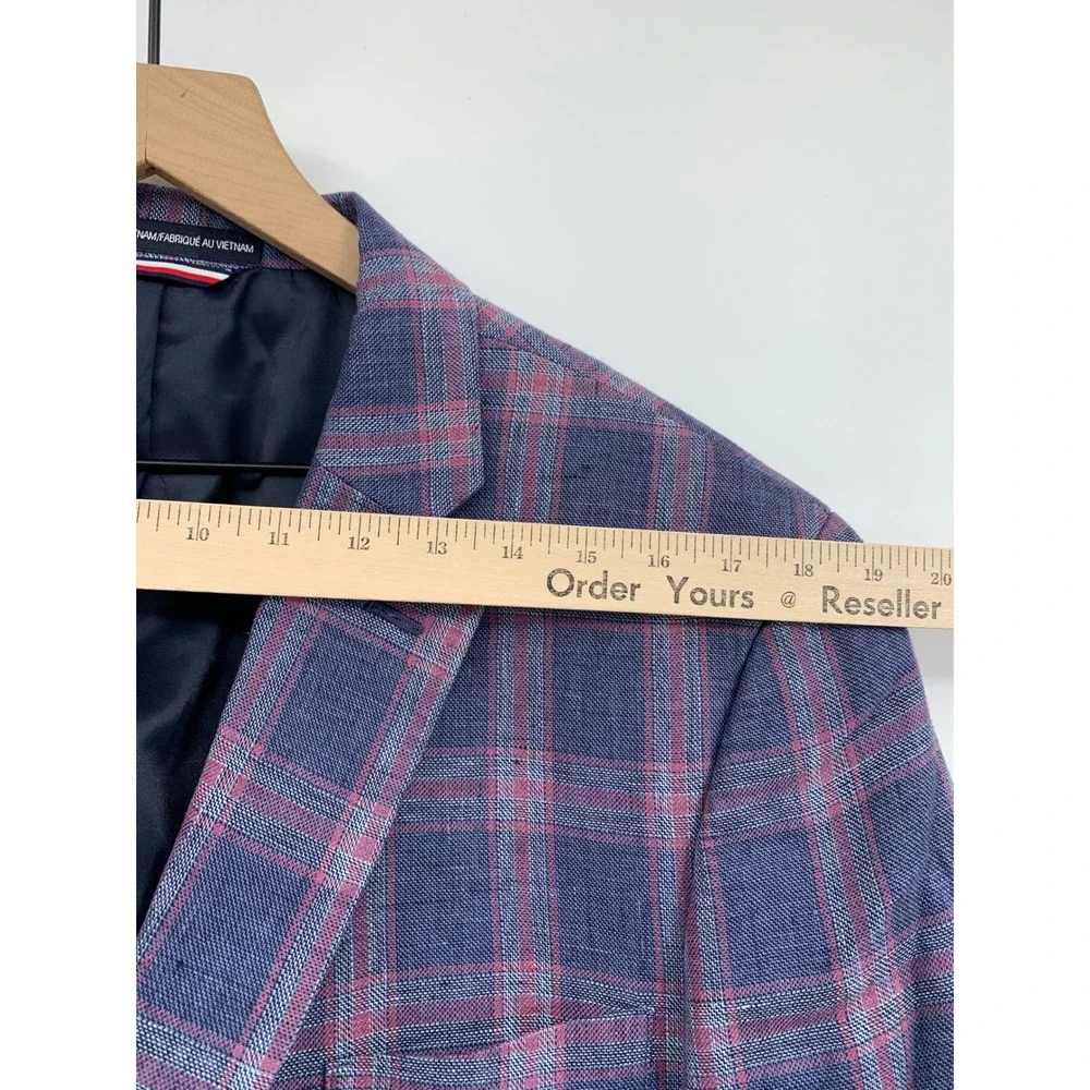 Tommy Hilfiger Blazer Mens 46R Blue Red Plaid 100% Linen Two Button Sport Coat